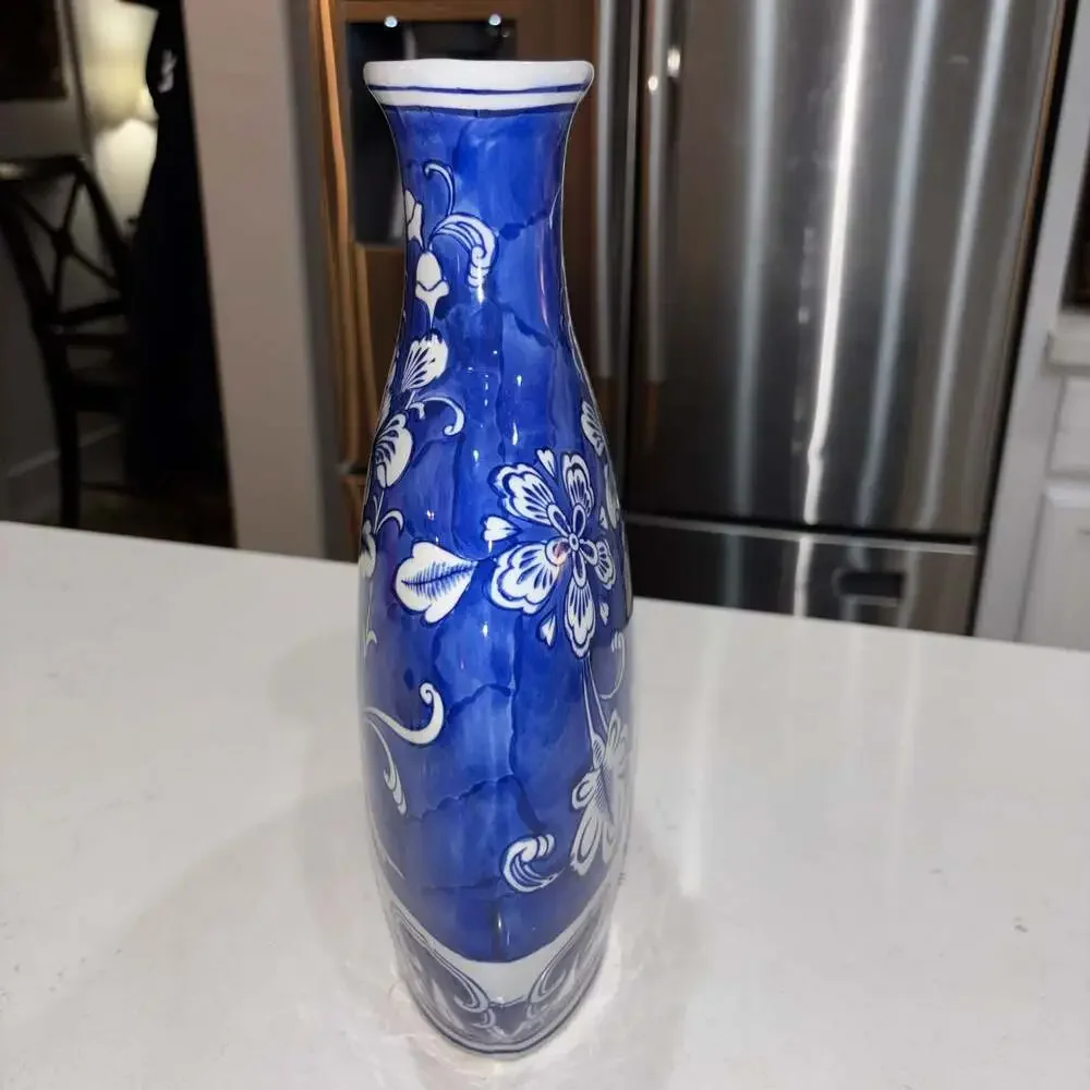 Blue and White Chinoiserie Floral Flat Ceramic Vase